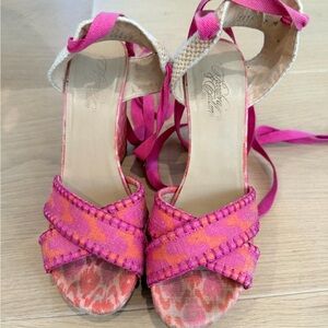 Woven Pink & Orange Ankle-Tie Wedge Sandals